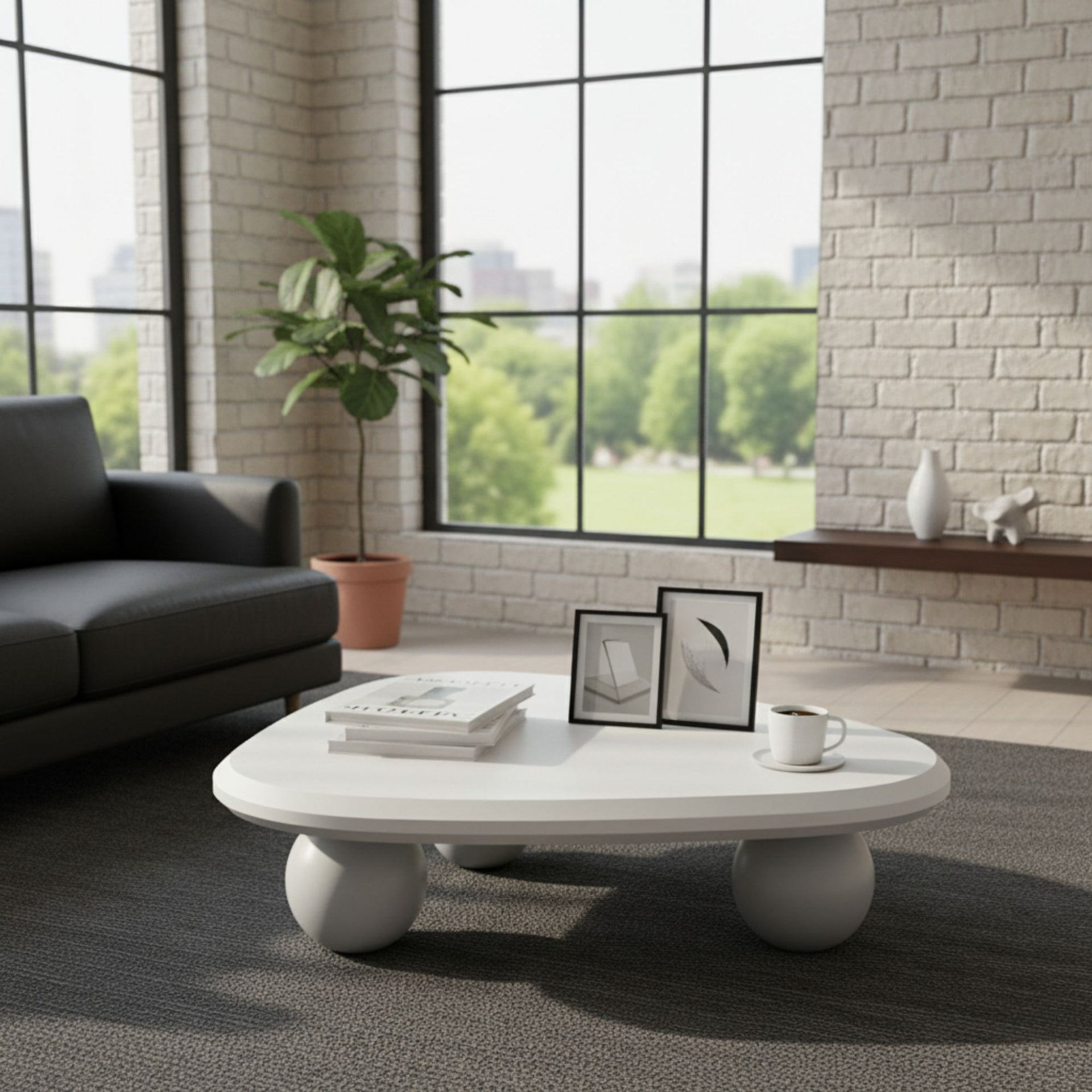 Table basse FurnitureR moderne en MDF blanc avec pieds arrondis sculpturaux, table basse minimaliste crème pour salons contemporains