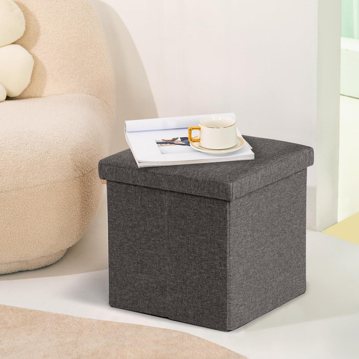 Pouf de rangement FurnitureR, petit pouf pliable cubique avec repose-pieds intégré, idéal pour le salon et la chambre, rembourré, 38 cm (15 pouces), gris