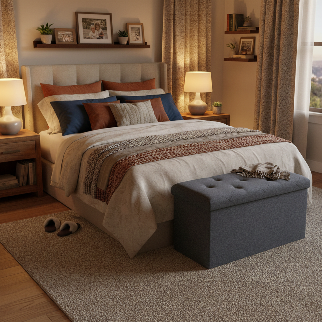 FurnitureR Foldable Storage Ottoman Bench, 30.3" Linen Fabric Tufted Ottoman with Storage, Ottoman for Bedroom Living Room, Footrest Seat with Storage