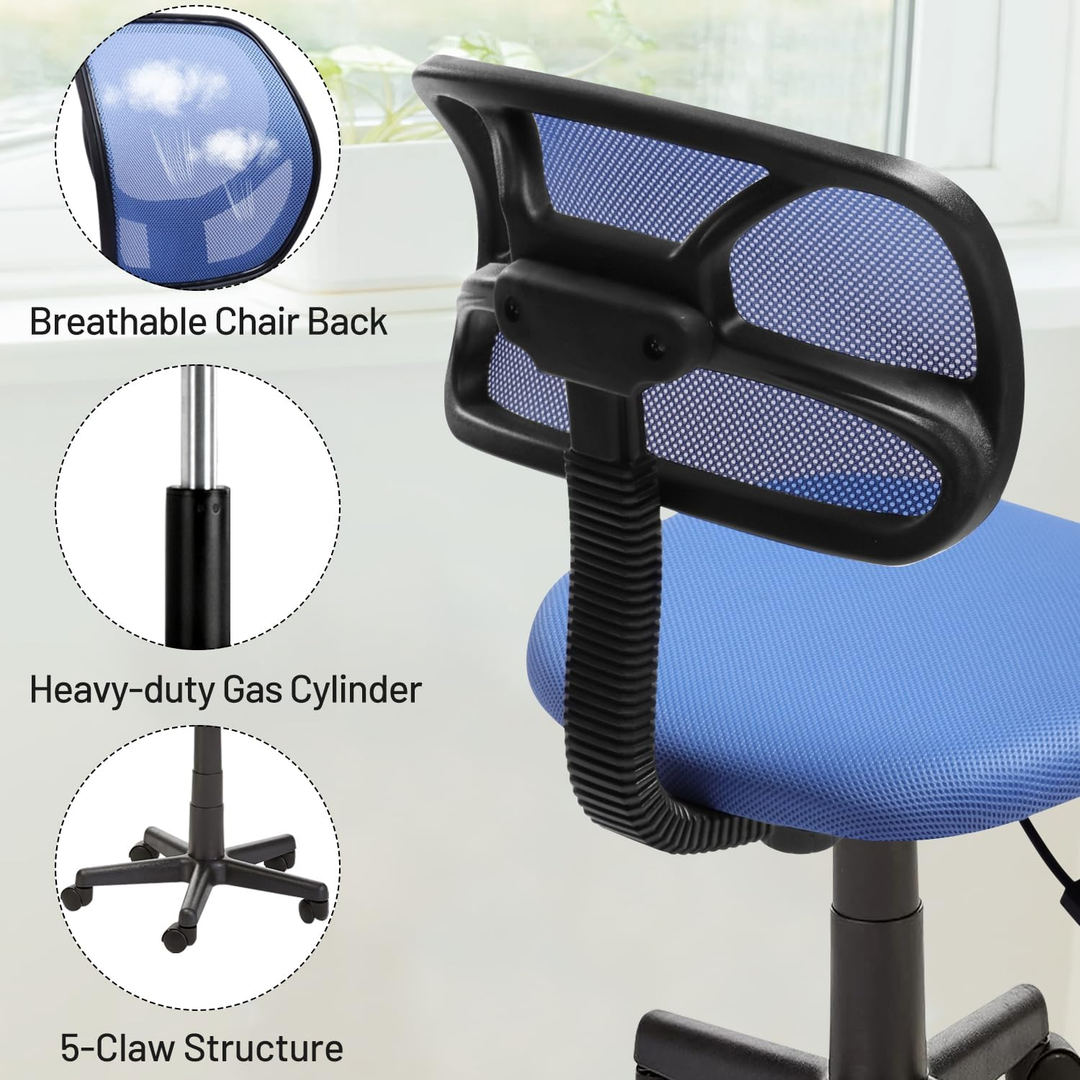 Chaise de bureau FurnituureR à dossier bas, chaise de travail ergonomique sans accoudoirs en maille, pivotante et réglable en hauteur, idéale pour le bureau à domicile ou la chambre, bleue.