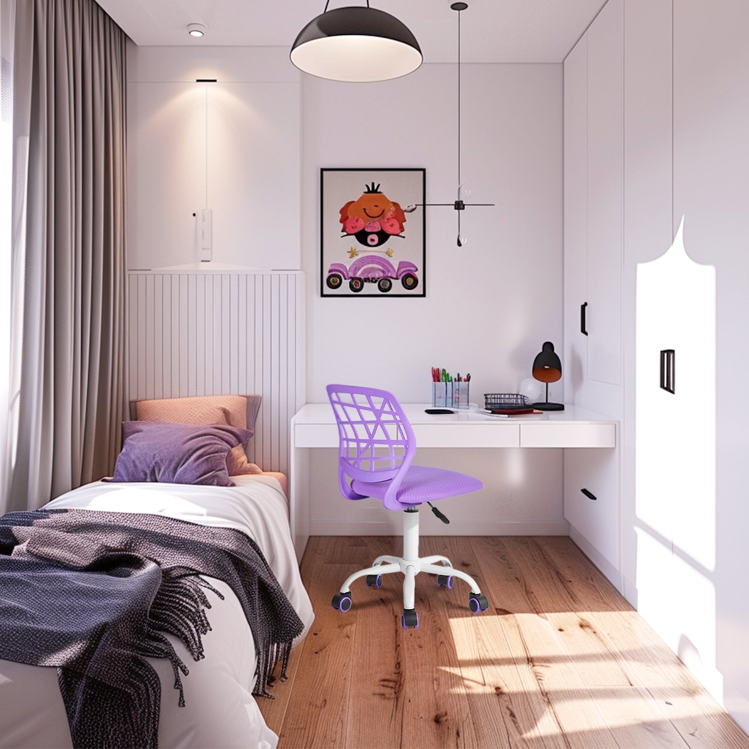 Chaise de bureau FurnitureR, chaise de travail réglable pour ordinateur, avec dossier en plastique et assise rembourrée, pivotante et à roulettes, violette