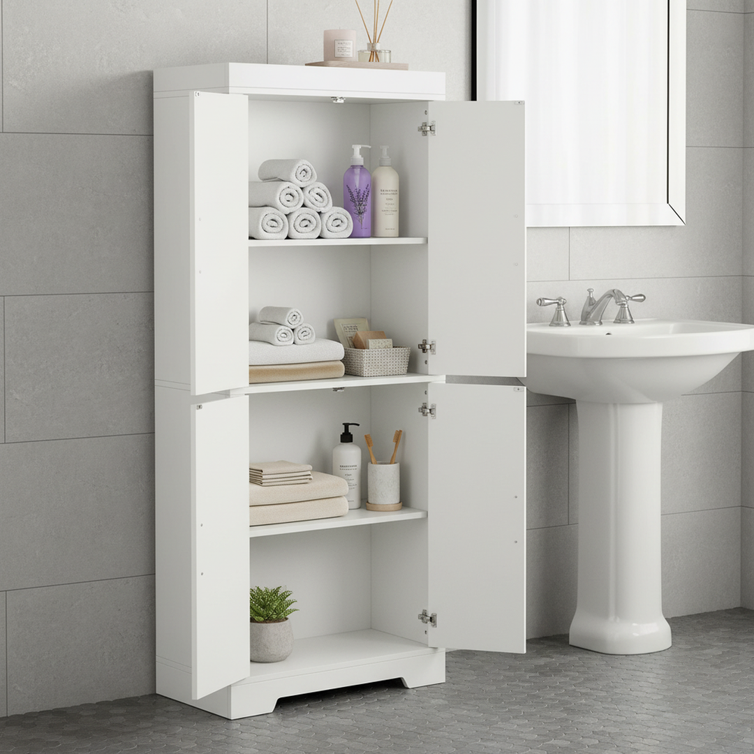 Meuble de rangement de cuisine FurnitureR de 173 cm de haut, armoire autoportante en bois avec 4 étagères et 4 portes, meuble blanc pour salle à manger, salon, bureau