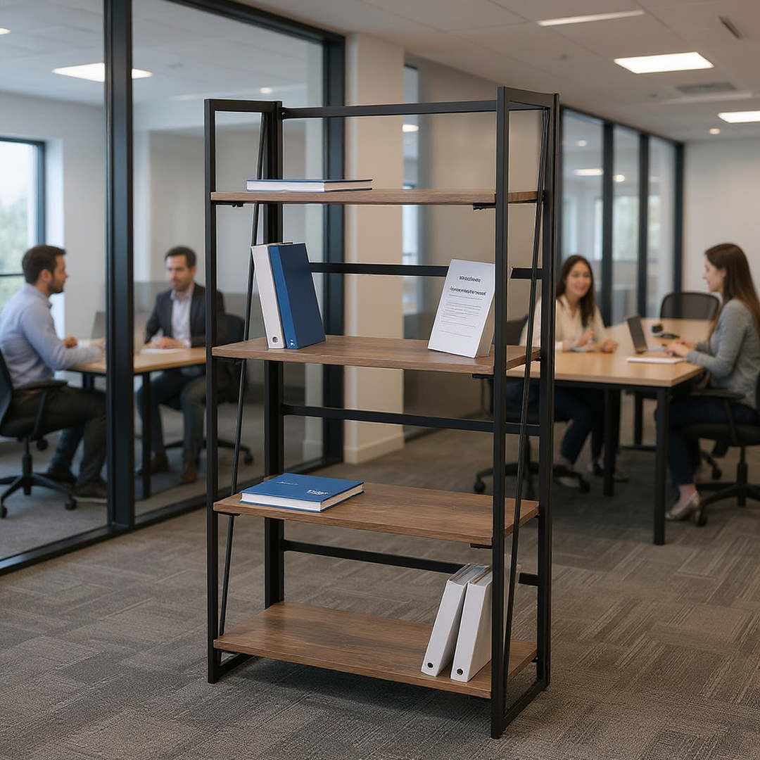 FurnitureR Folding 4-Tier Bookshelf Storage Rack, Metal Bookcase with Rustic Wood Shelves,  Foldable Home Organizer for Living Room, Office, Brown