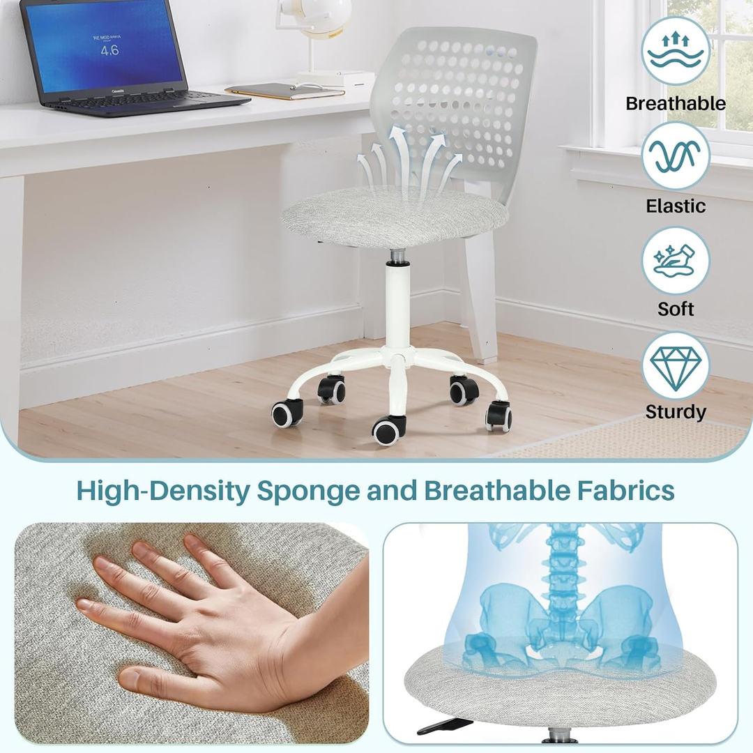 Chaise de bureau sans accoudoirs FurnitureR avec roulettes, compacte, pivotante et réglable en hauteur, idéale pour étudier ou travailler sur ordinateur. Dossier respirant, gris.