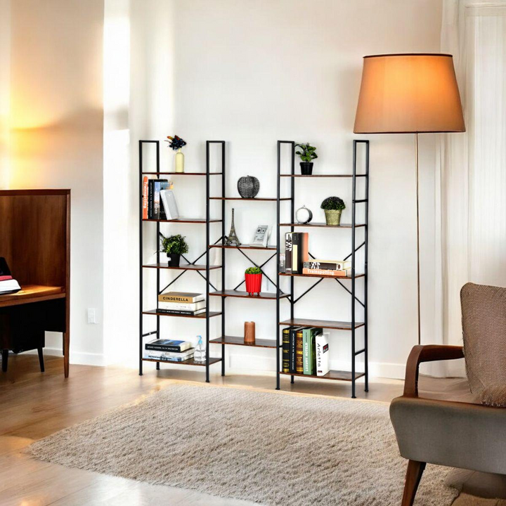 FurnitureR Bookshelf 5-Tier Triple-Column, Bookcase with 14 Open Display Shelves, Rustic Industrial Style Book Shelves, Wide Book Case, Rustic Brown