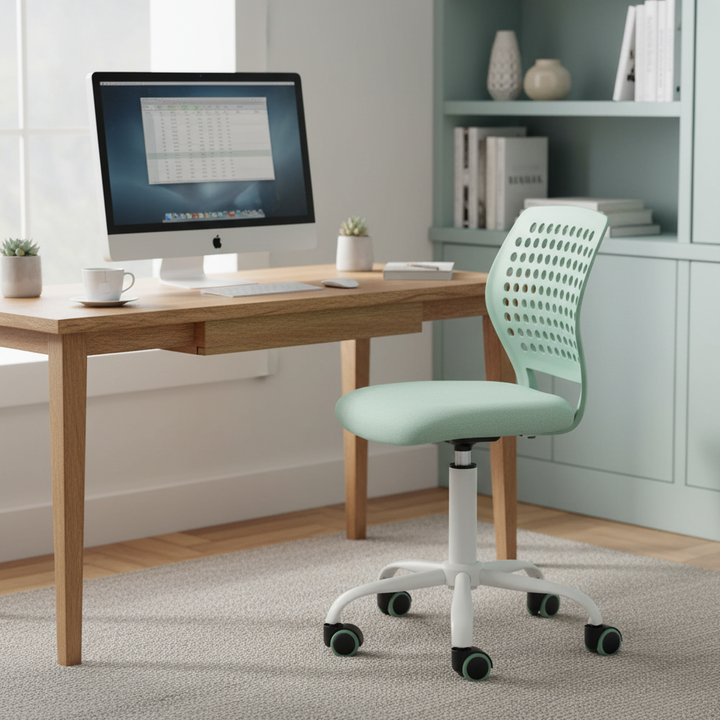 Chaise de bureau sans accoudoirs FurnitureR avec roulettes, compacte, pivotante et réglable en hauteur, idéale pour étudier ou travailler sur ordinateur. Dossier respirant, vert.