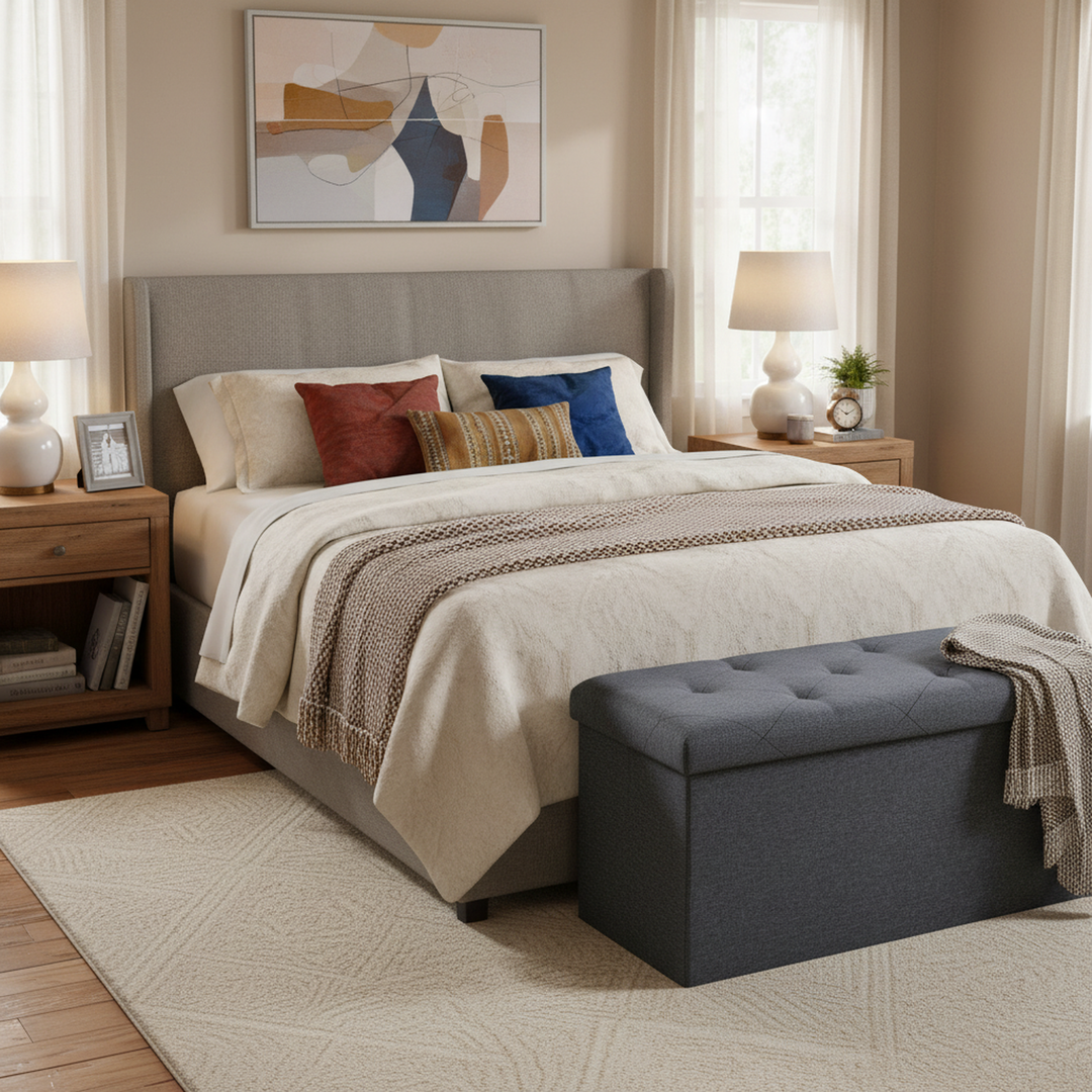 FurnitureR Foldable Storage Ottoman Bench, 30.3" Linen Fabric Tufted Ottoman with Storage, Ottoman for Bedroom Living Room, Footrest Seat with Storage