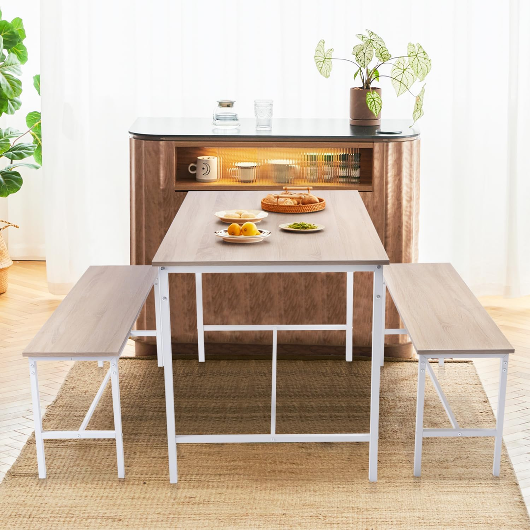 FurnitureR Essgruppe für 4 Personen, 3-teiliges Esszimmer-Set mit Metallgestell und MDF-Platte, 110 cm (43,3 Zoll) Küchen-Essgruppe für Küche und Esszimmer, Eiche