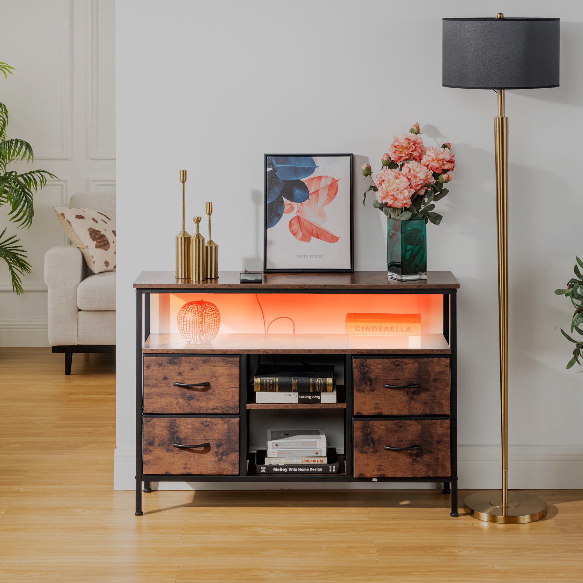 Console avec port USB et station de recharge, table d'entrée de 110 cm avec 4 tiroirs en tissu, table basse étroite avec étagères de rangement, marron