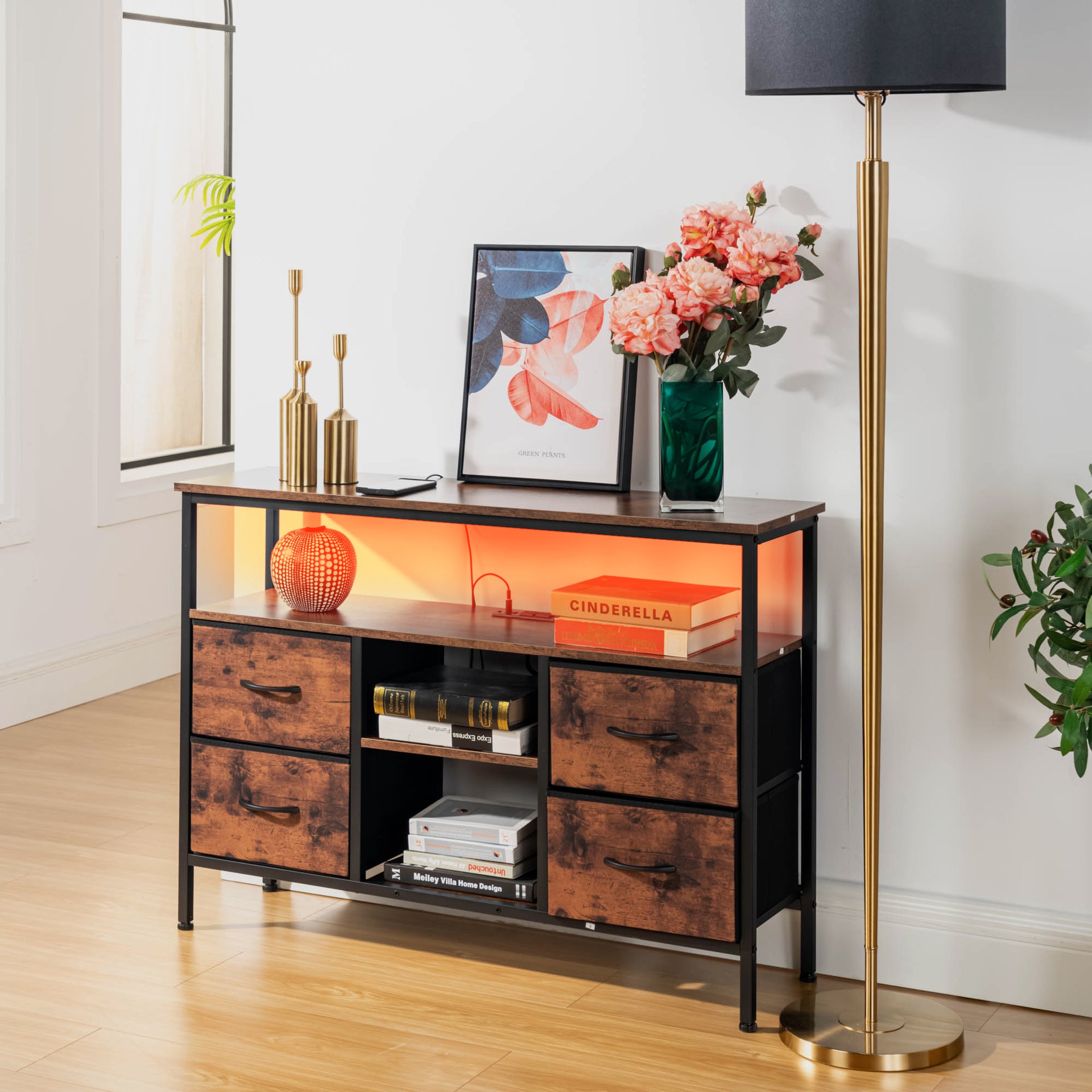 Console avec port USB et station de recharge, table d'entrée de 110 cm avec 4 tiroirs en tissu, table basse étroite avec étagères de rangement, marron