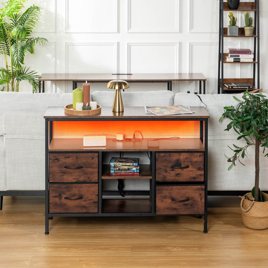 Console Tables with USB and Charging Station, 43.31 Inch Entryway Table with 4 Fabric Drawers, Sofa Table Narrow with Storage Shelves Brown