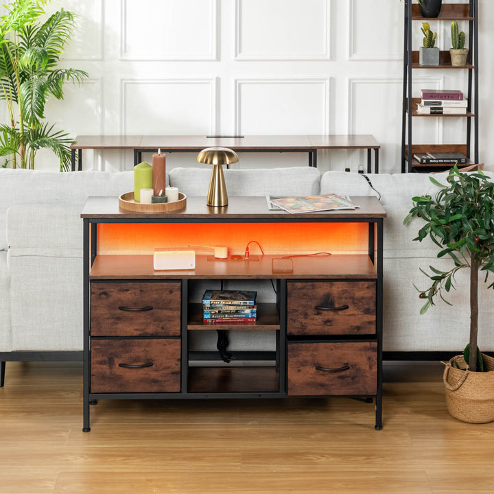 Console Tables with USB and Charging Station, 43.31 Inch Entryway Table with 4 Fabric Drawers, Sofa Table Narrow with Storage Shelves Brown