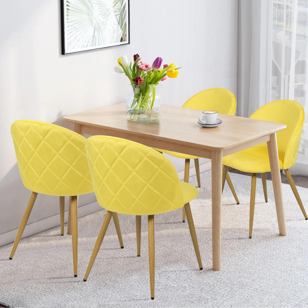 FurnitureR Polsterstuhl aus Samt, mittelhohe Rückenlehne, armlos, mit Holzbeinen, für Küche, Schlafzimmer und Wohnzimmer, 1 Stück, Gelb