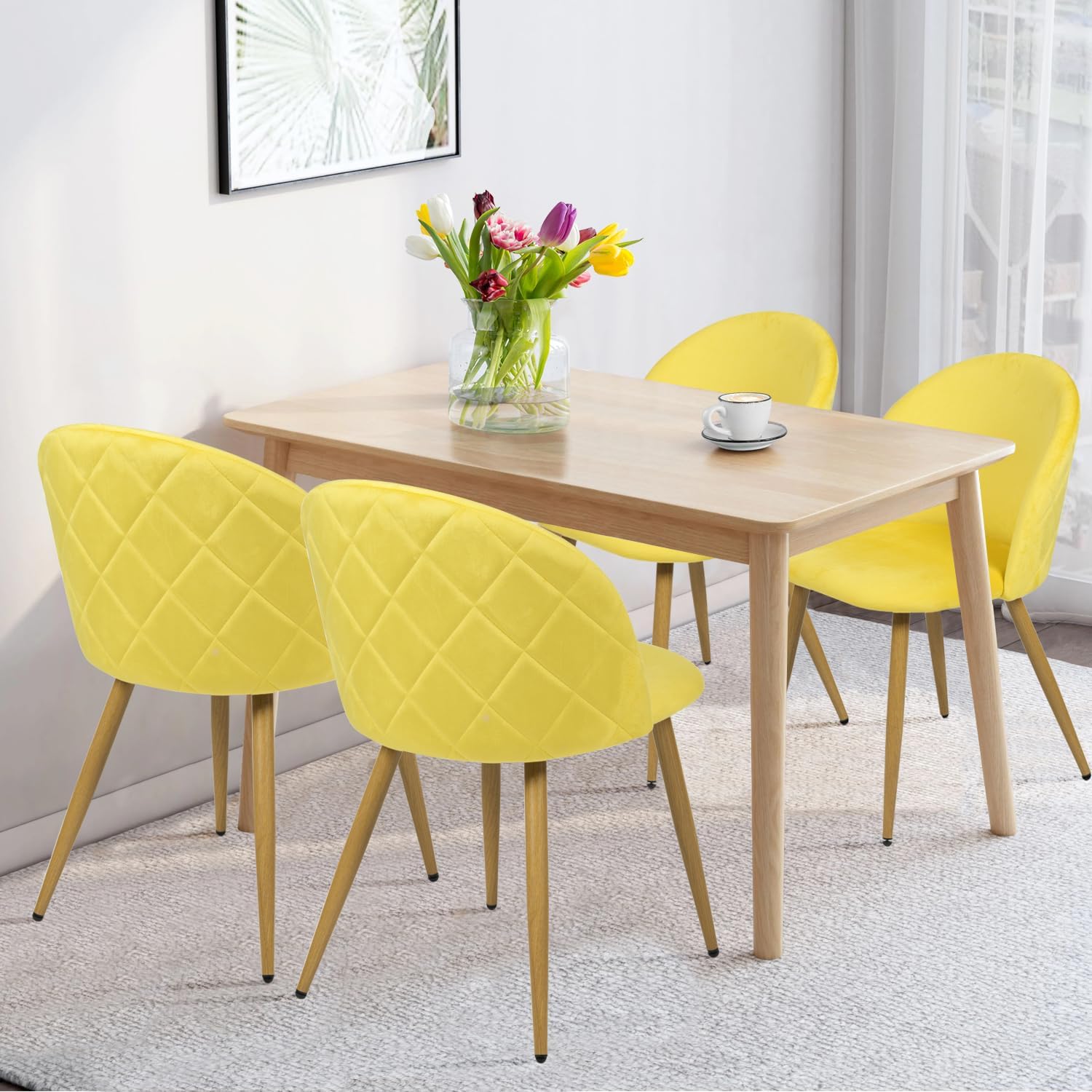 Chaise de salle à manger FurnitureR en velours rembourré, dossier mi-haut, sans accoudoirs, pieds en bois, pour la cuisine, la chambre ou le salon, lot de 1, jaune