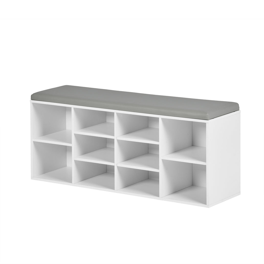 Möbelstück R: Sitzbank mit Schrankfunktion, Holzschrank, Schuhregal mit gepolstertem Kissen, 10 Fächer, für Wohnzimmer, Flur, Schlafzimmer, Eingangsbereich, 103 x 29 x 45 cm, Weiß, Holz