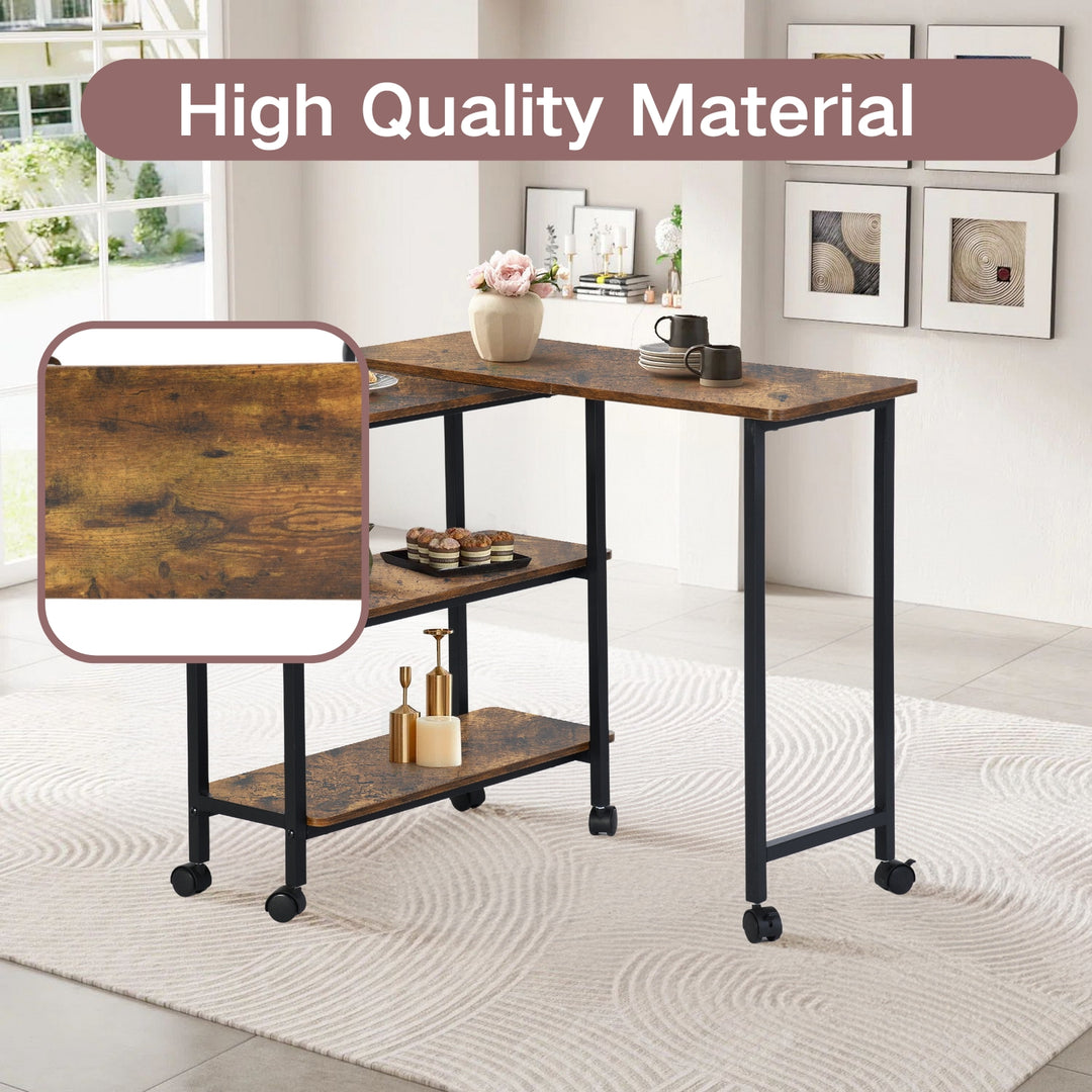 FurnitureR Folding Rolling Side Table for Living Room, Industrial Mobile End Table with Storage Shelves, Rustic Brown