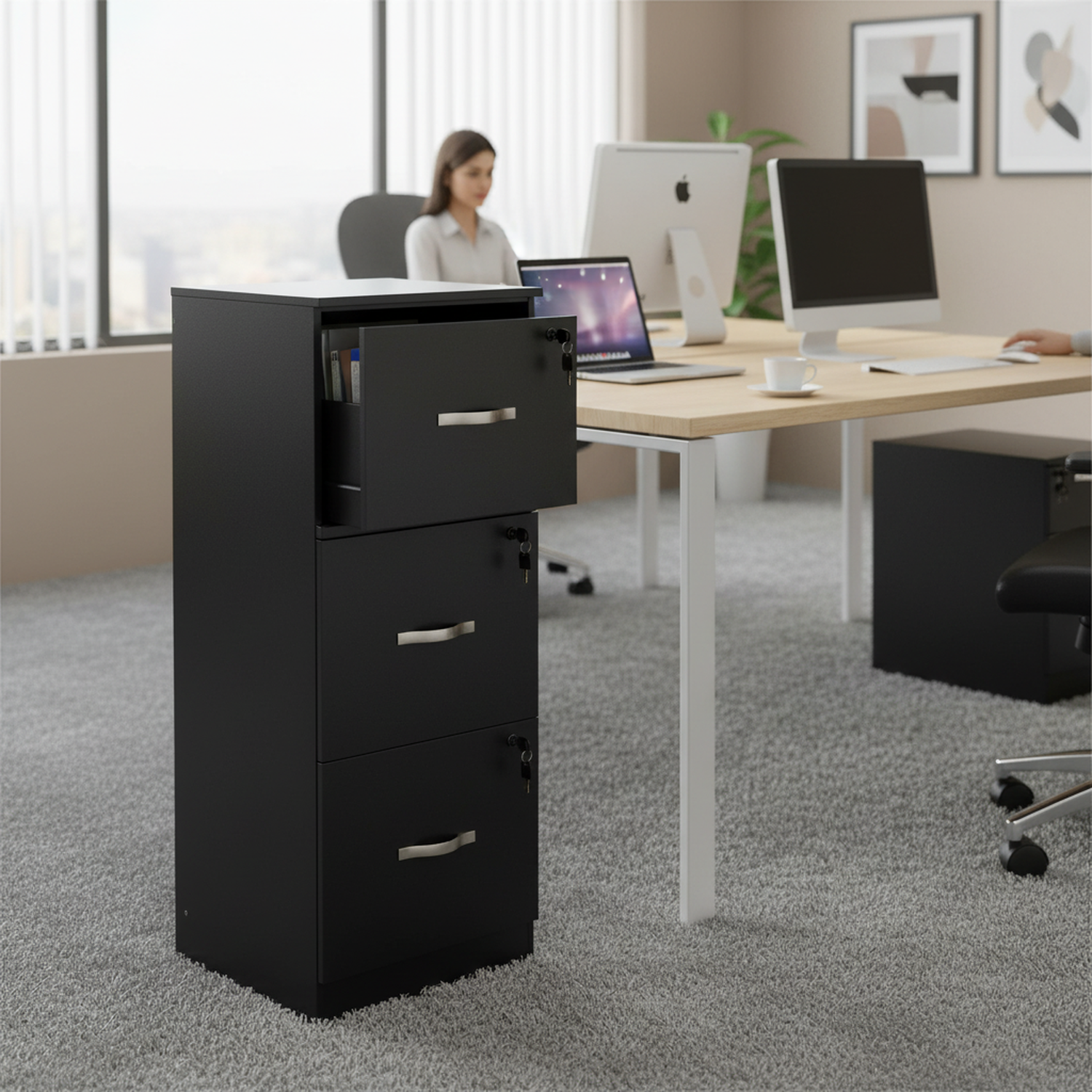 Classeur vertical à 3 tiroirs FurnitureR avec serrure, format lettre/légal, rangement intégré, noir