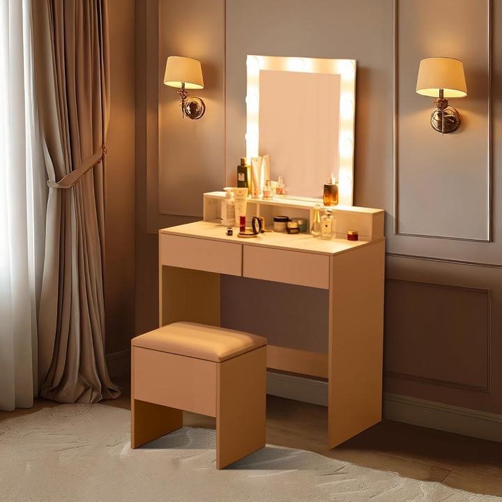 Ensemble coiffeuse FurnitureR, coiffeuse avec miroir et éclairage, ensemble table et tabouret de maquillage, coiffeuse en bois avec 2 tiroirs, blanc