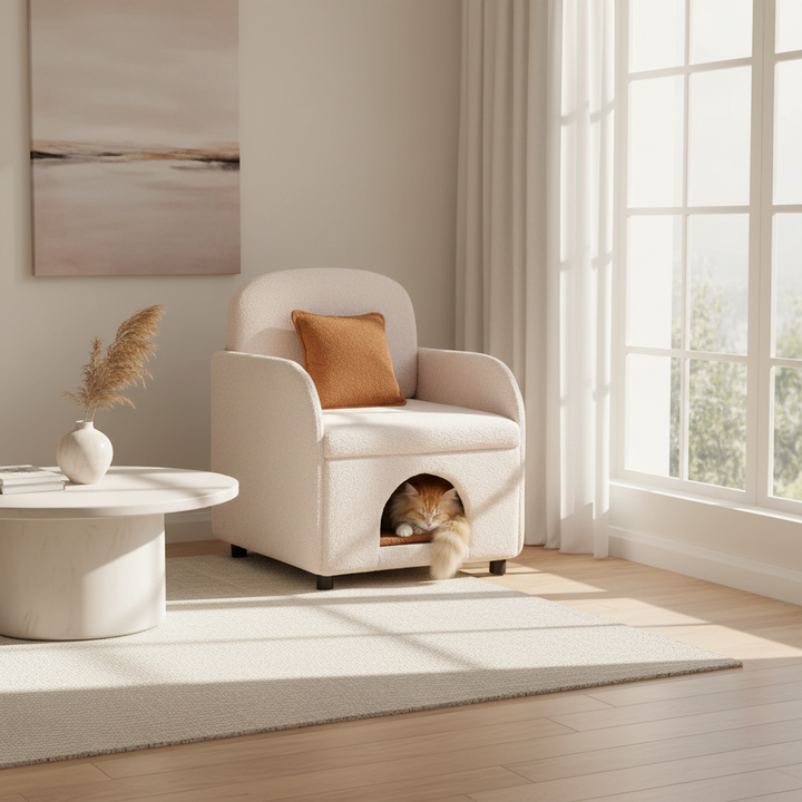 Fauteuil d'appoint FurnitureR moderne en peau de mouton retournée crème avec panier pour chat dissimulé, fauteuil lounge rembourré pour animaux de compagnie avec coussin marron chaud