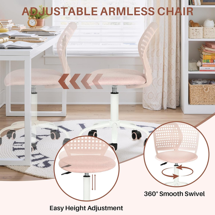 Chaise de bureau sans accoudoirs FurnitureR avec roulettes, compacte, pivotante et réglable en hauteur, idéale pour étudier ou travailler sur ordinateur. Dossier respirant, rose.