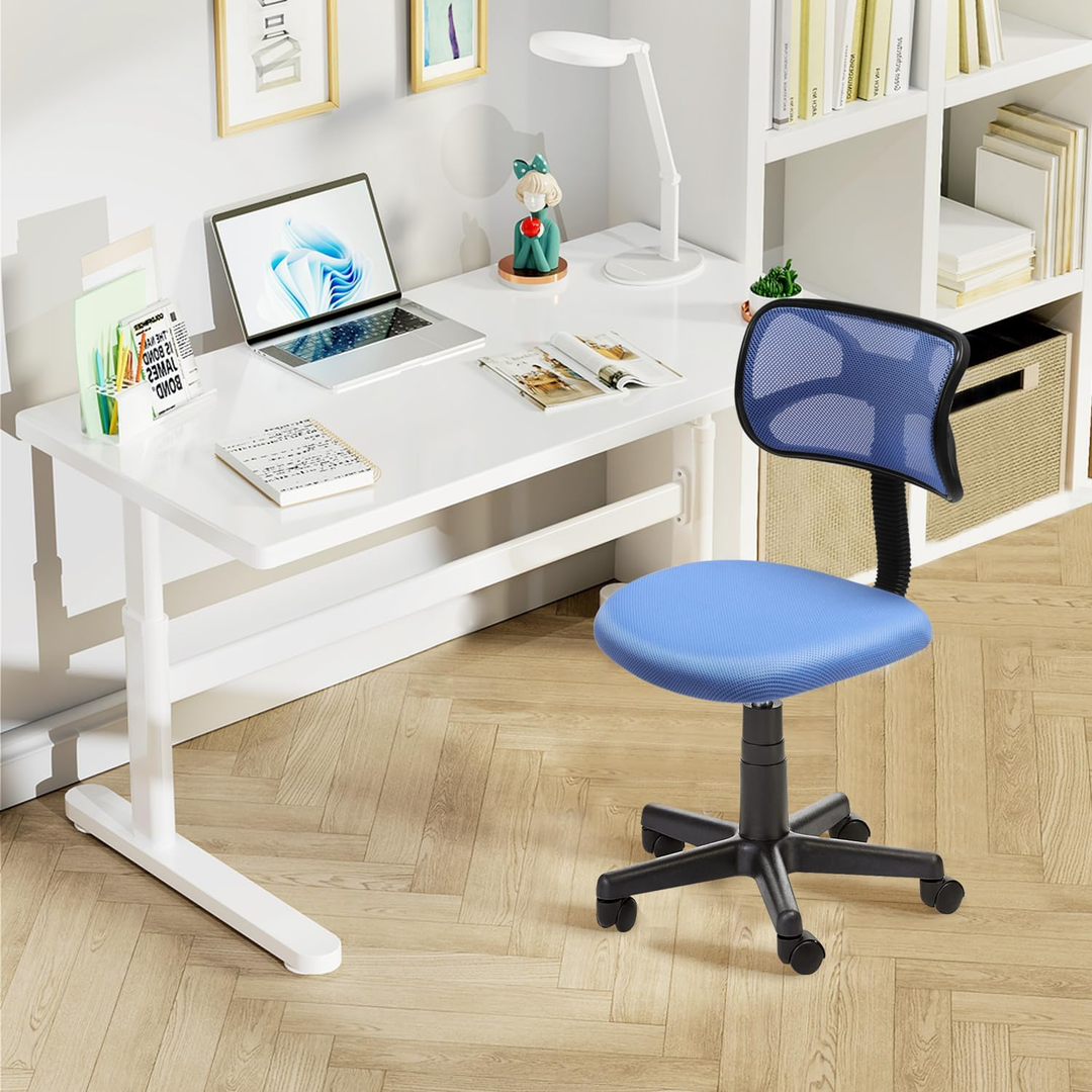 Chaise de bureau FurnituureR à dossier bas, chaise de travail ergonomique sans accoudoirs en maille, pivotante et réglable en hauteur, idéale pour le bureau à domicile ou la chambre, bleue.