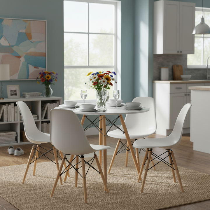 Runder Esstisch von FurnitureR, 80 cm Durchmesser, für 2-4 Personen, stilvoller runder Tisch mit Holzbeinen für Küche, Café und Hobbyraum, Weiß