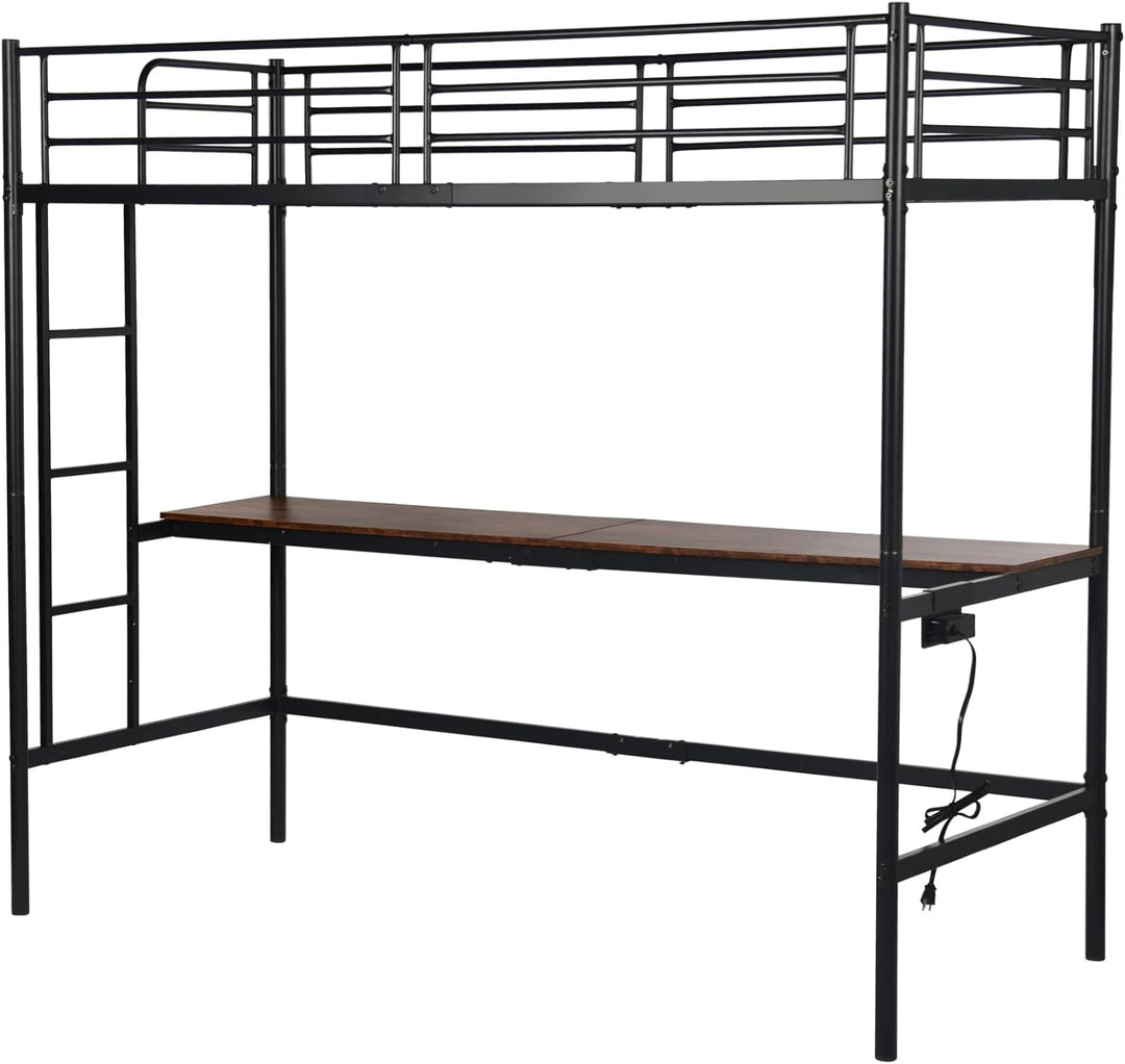 Möbel R Lit Superposé 90x200 cm mit Tisch und 2 Prises de Courant+2USB, Lit en Mezzanine avec Echelle Latérale à Quatre Marches, Adapté aux Enfants et aux Adolescents, Fer + MDF, Brun Foncé