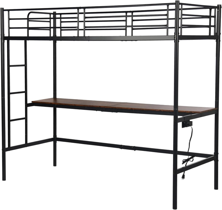 Möbel R Lit Superposé 90x200 cm mit Tisch und 2 Prises de Courant+2USB, Lit en Mezzanine avec Echelle Latérale à Quatre Marches, Adapté aux Enfants et aux Adolescents, Fer + MDF, Brun Foncé