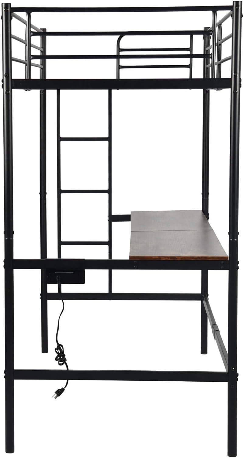 Möbel R Lit Superposé 90x200 cm mit Tisch und 2 Prises de Courant+2USB, Lit en Mezzanine avec Echelle Latérale à Quatre Marches, Adapté aux Enfants et aux Adolescents, Fer + MDF, Brun Foncé