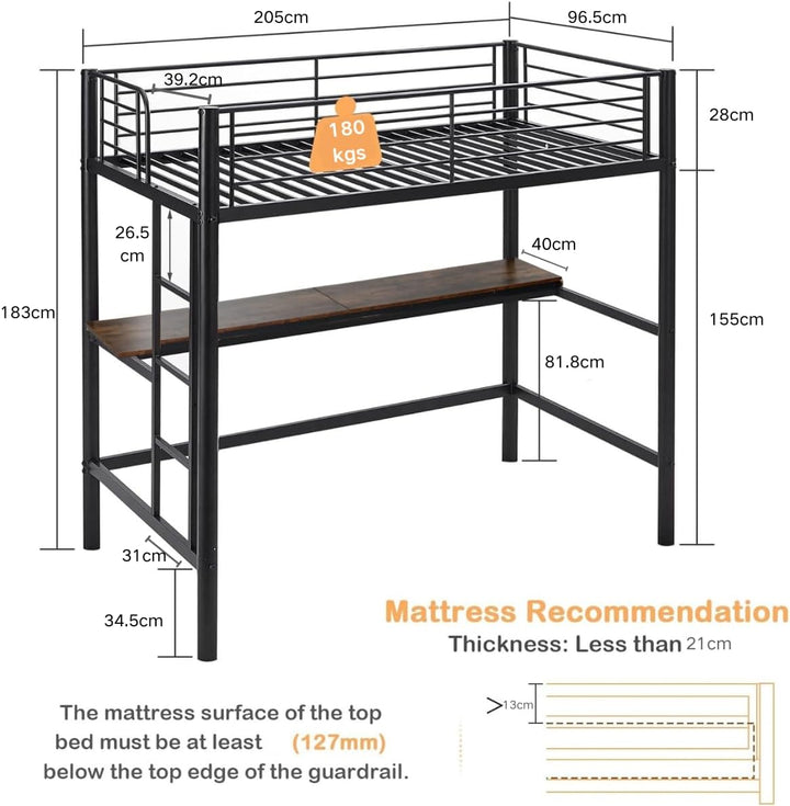 Möbel R Lit Superposé 90x200 cm mit Tisch und 2 Prises de Courant+2USB, Lit en Mezzanine avec Echelle Latérale à Quatre Marches, Adapté aux Enfants et aux Adolescents, Fer + MDF, Brun Foncé