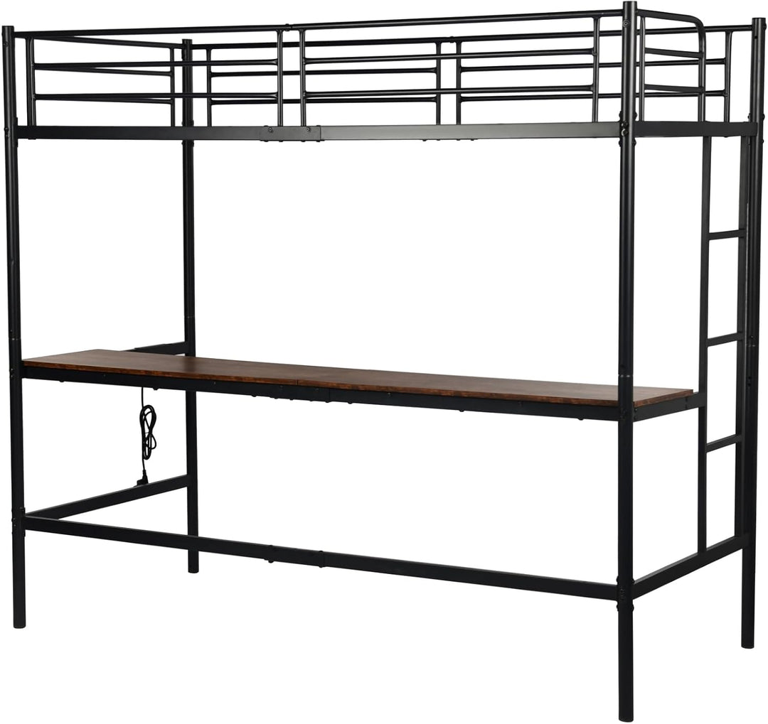 Möbel R Lit Superposé 90x200 cm mit Tisch und 2 Prises de Courant+2USB, Lit en Mezzanine avec Echelle Latérale à Quatre Marches, Adapté aux Enfants et aux Adolescents, Fer + MDF, Brun Foncé
