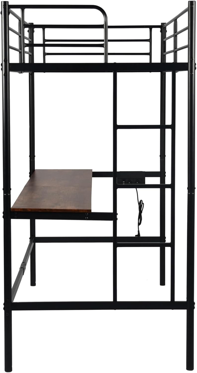 Möbel R Lit Superposé 90x200 cm mit Tisch und 2 Prises de Courant+2USB, Lit en Mezzanine avec Echelle Latérale à Quatre Marches, Adapté aux Enfants et aux Adolescents, Fer + MDF, Brun Foncé