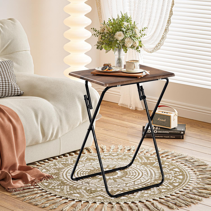 Ensemble de 2 plateaux-repas pliables FurnitureR, plateaux repas pliables, tables d'appoint compactes pour lit, canapé ou fauteuil, structure en métal et plateau en bois, marron