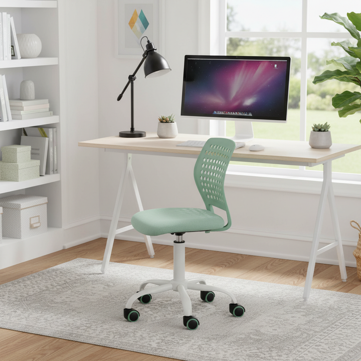 Chaise de bureau sans accoudoirs FurnitureR avec roulettes, compacte, pivotante et réglable en hauteur, idéale pour étudier ou travailler sur ordinateur. Dossier respirant, vert.