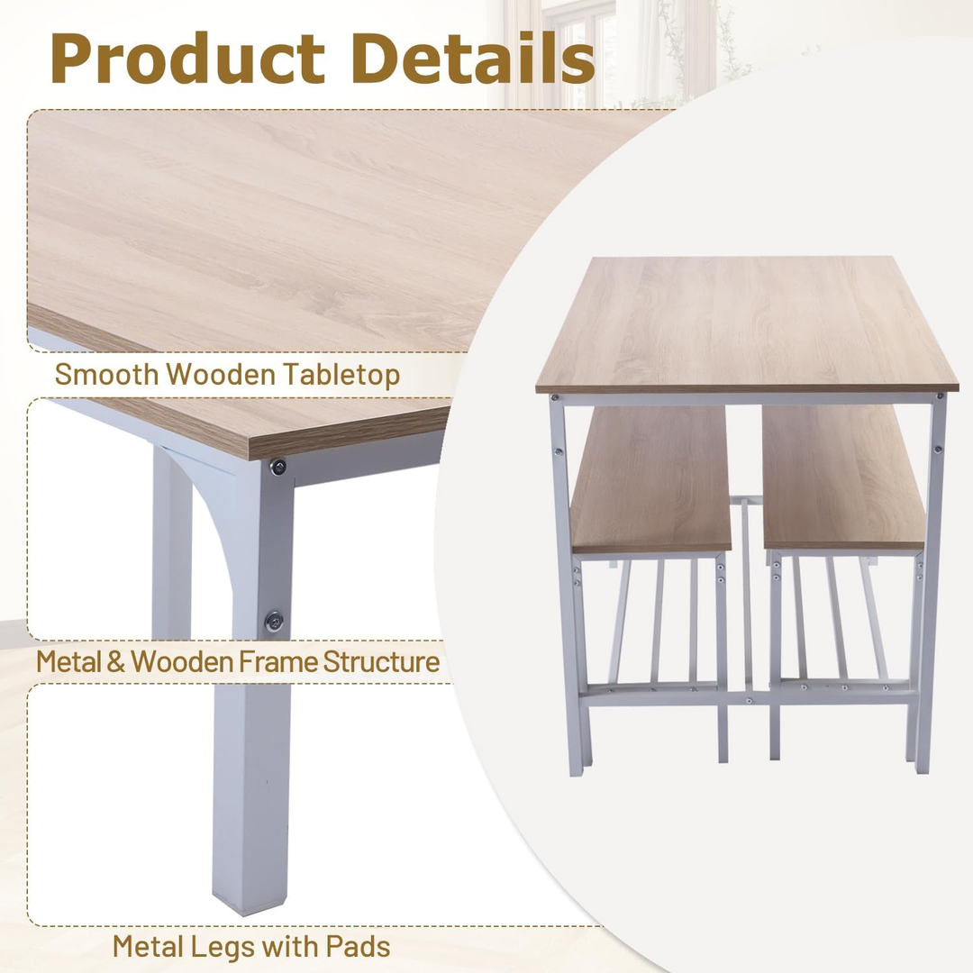 FurnitureR Essgruppe, 3-teilig mit Ablagefächern, Metallgestell und MDF-Platte, Essbereich für Küche, Esszimmer, Restaurant, Eiche