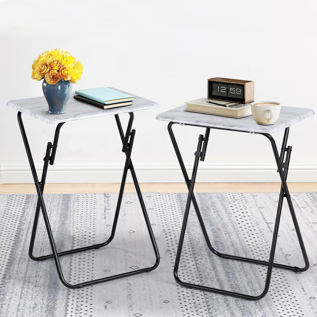 Tables d'appoint pliantes FurnitureR pour téléviseur, plateaux repas pliables, finition marbre, pour lit, canapé, gain de place, lot de 2, blanc 