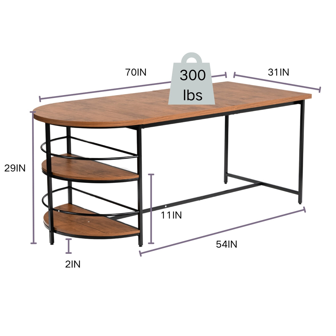 FurnitureR Esstisch, 3-stöckig, Holz, mit 2 Ablageflächen für Esszimmer und Küche, stabiles schwarzes Metallgestell, rechteckig, braun