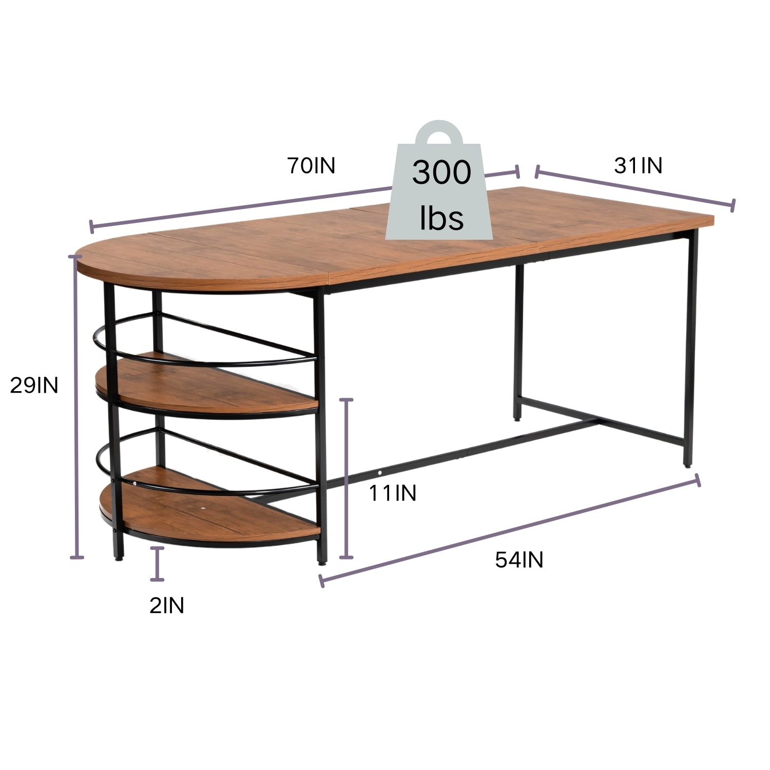 Table de salle à manger FurnitureR à 3 niveaux en bois avec 2 étagères de rangement pour salle à manger et cuisine, structure robuste en métal noir, rectangulaire, marron