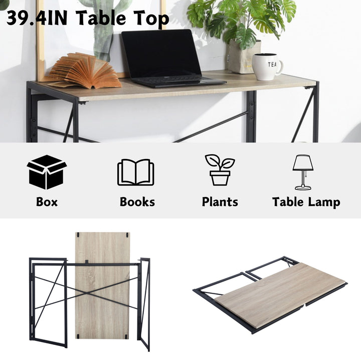 Bureau pliable FurnitureR pour la maison ou le bureau, table d'ordinateur pliable et compacte, structure en métal, 100 cm (39,4 pouces), chêne.