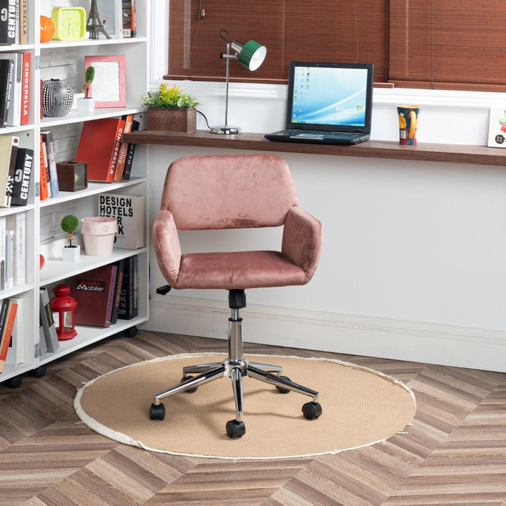 Chaise de bureau FurnitureR, dossier mi-haut en velours avec roulettes, chaise de travail réglable pour salon, chambre, bureau, rose