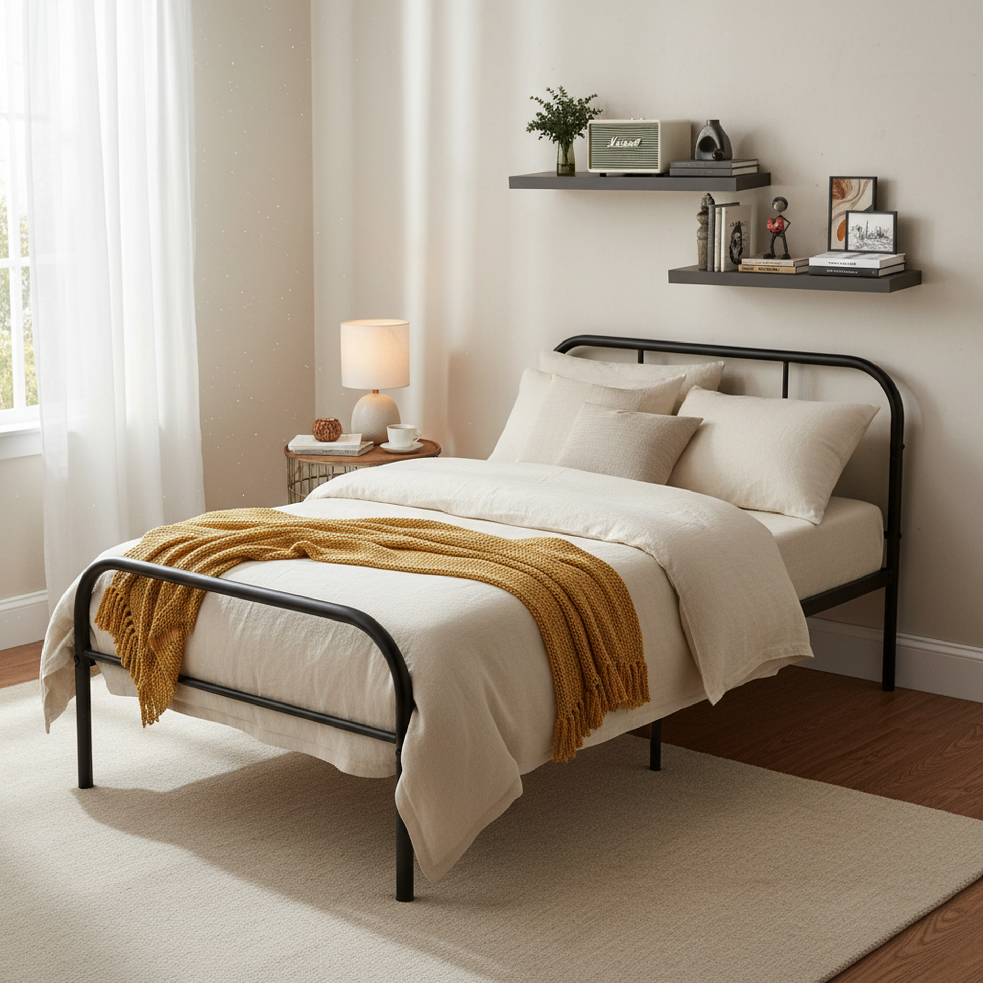 FurnitureR – Cadre de lit simple en métal avec 2 étagères murales flottantes et tables de chevet, lit plateforme en acier robuste avec rangement sous le lit, ensemble de chambre minimaliste
