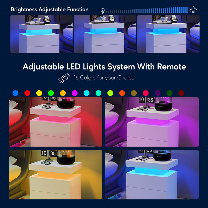 FurnitureR Table de chevet blanche LED, design moderne, en bois manufacturé, rangement élégant, éclairage d'ambiance intégré, idéal pour chambres modernes