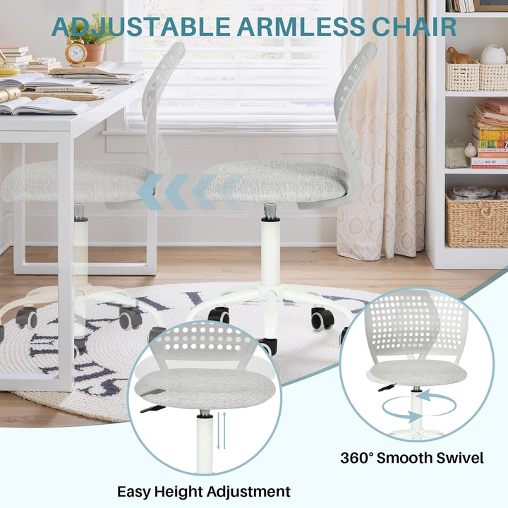 Chaise de bureau sans accoudoirs FurnitureR avec roulettes, compacte, pivotante et réglable en hauteur, idéale pour étudier ou travailler sur ordinateur. Dossier respirant, gris.