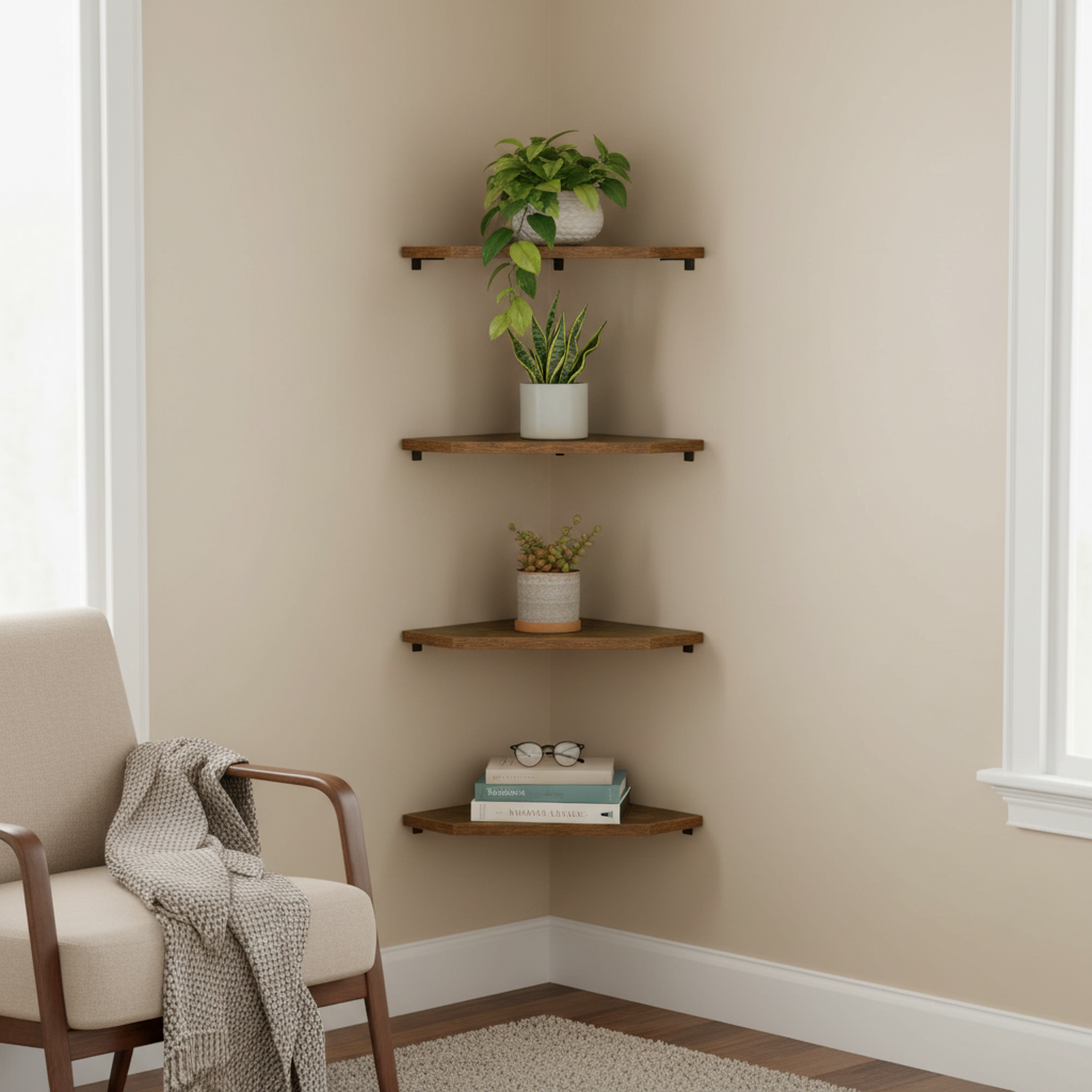 Ensemble de 4 étagères d'angle flottantes FurnitureR, étagère murale pentagonale en bois, présentoirs muraux rustiques pour salon, chambre ou bureau.