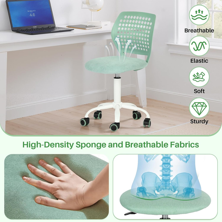 Chaise de bureau sans accoudoirs FurnitureR avec roulettes, compacte, pivotante et réglable en hauteur, idéale pour étudier ou travailler sur ordinateur. Dossier respirant, vert.