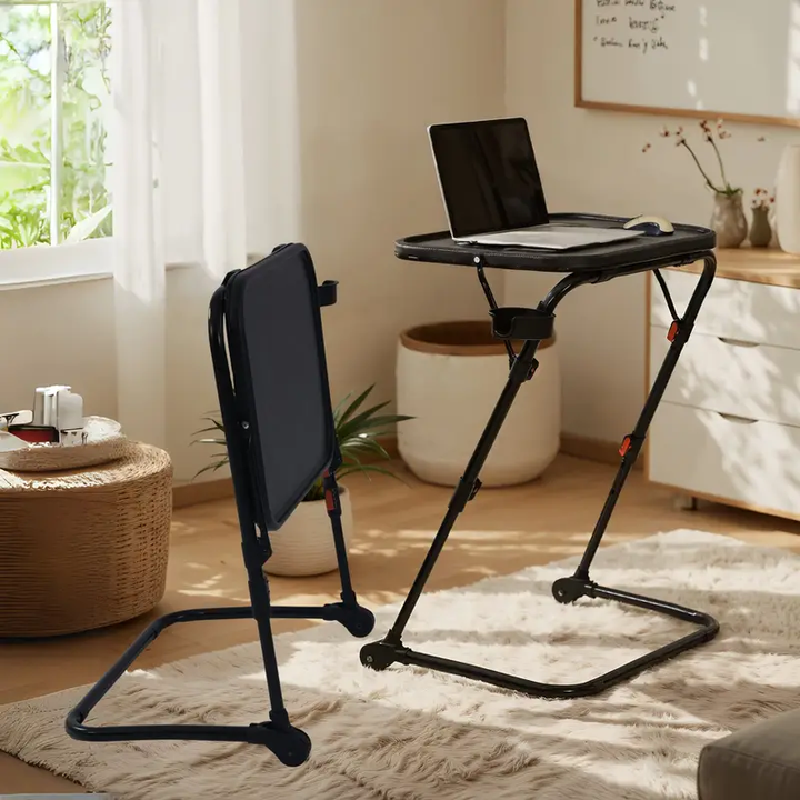 Plateau TV pliable et réglable FurnitureR, table pour ordinateur portable, plateau repas, table d'appoint avec porte-gobelet, 4 hauteurs et 3 angles d'inclinaison, lot de 2, noir