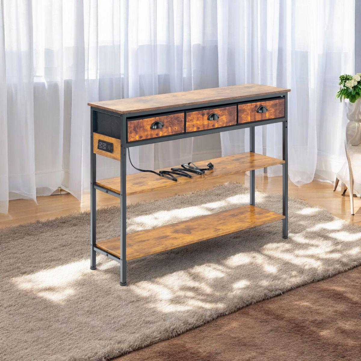 Console FurnitureR de 110 cm (43,3 po) avec prises électriques et ports USB, table d'entrée étroite à 3 niveaux avec 3 tiroirs en tissu et étagères ouvertes, marron 