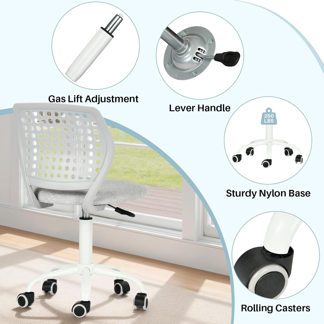 Chaise de bureau sans accoudoirs FurnitureR avec roulettes, compacte, pivotante et réglable en hauteur, idéale pour étudier ou travailler sur ordinateur. Dossier respirant, gris.