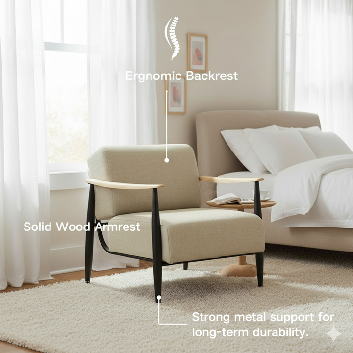 FurnitureR Mid-Century Modern Accent Chair, Beige Upholstered Armchair with Solid Oak Frame, Comfy Reading Chair for Living Room, Bedroom, Office