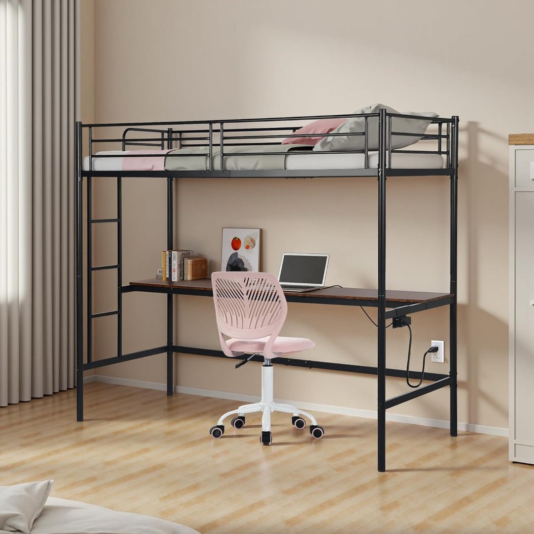 Möbel R Lit Superposé 90x200 cm mit Tisch und 2 Prises de Courant+2USB, Lit en Mezzanine avec Echelle Latérale à Quatre Marches, Adapté aux Enfants et aux Adolescents, Fer + MDF, Brun Foncé